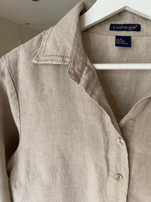 Koszula lniana beżowa rozpinaną z kołnierzykiem M 38 100% Len