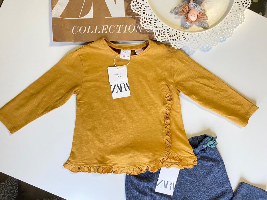 Футболка лонгслив охра с рюшей на запАх, от Zara, 3-4г.