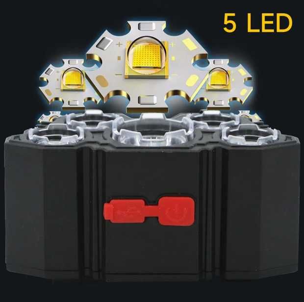 Latarka czołowa akumulatorowa - 5 LED - bardzo mocna - NOWA - 5szt