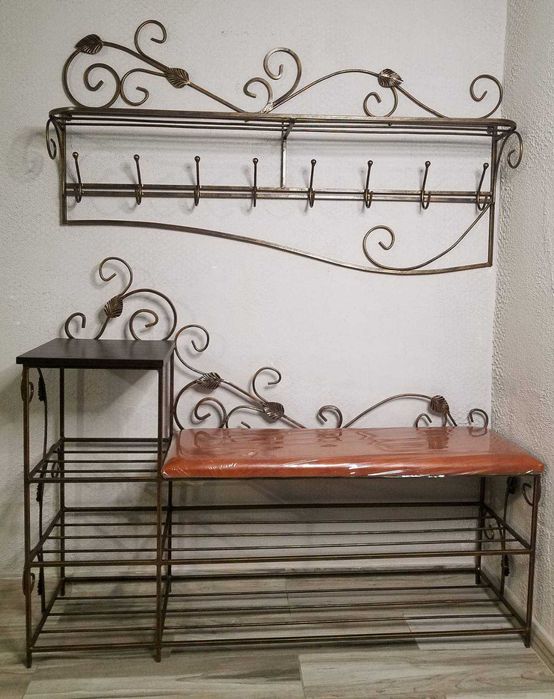 Полка для взуття, банкетка кована з мягким сидінням, вішак