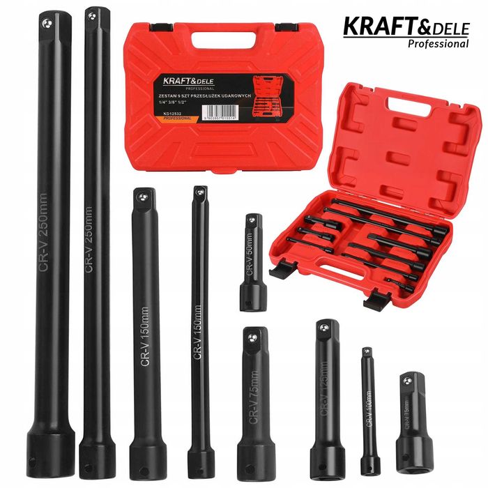 Zestaw Przedłużek Udarowych do Wkrętarek 9 Sztuk 1/4" 3/8" 1/2"