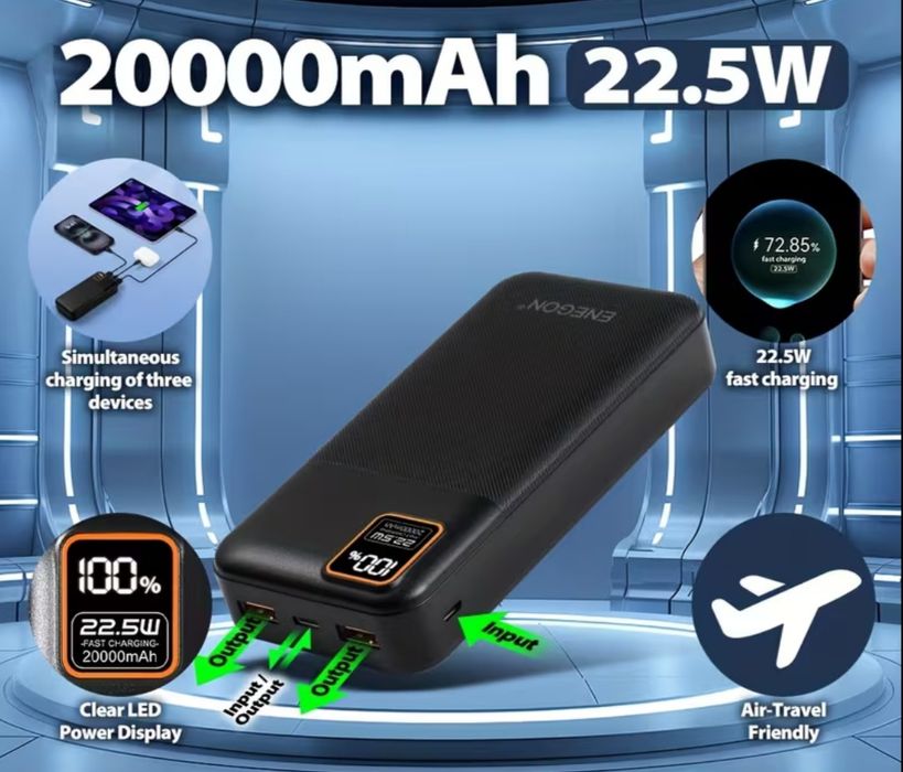 Powerbank 20000mAh 22.5W Szybkie Ładowanie USB-C Wyświetlacz LED