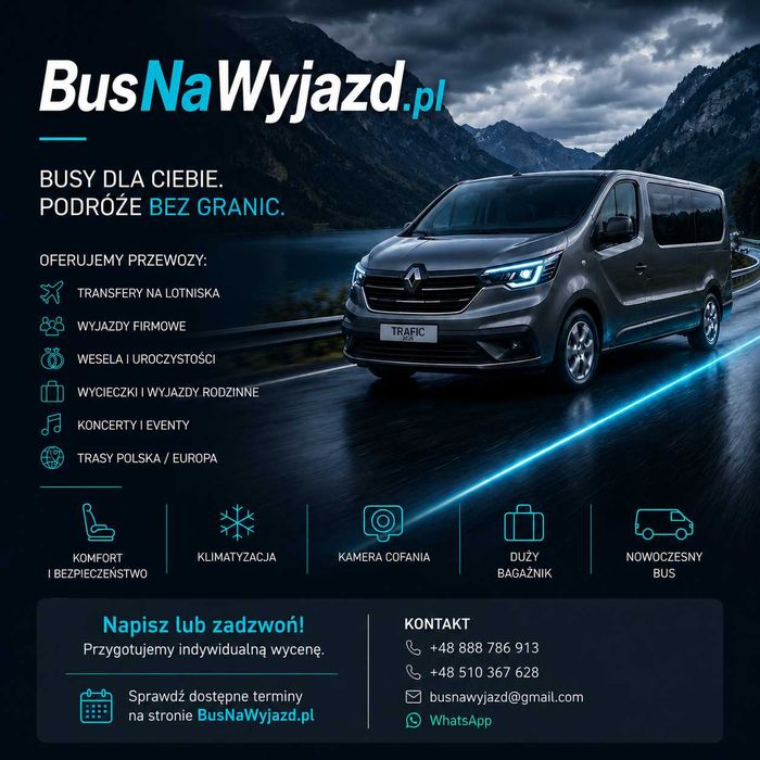 Bus z 2026 roku| Aktualną dostępność sprawdzisz na BusNaWyjazd pl | 9-osobowy Renault Trafic Grand |Wynajem Rzeszów, Łańcut, Leżajsk, Sokołów Młp.