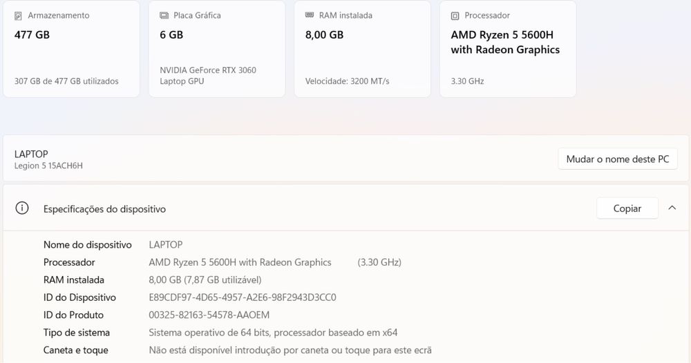 Portatil Lenovo Legion 5 (ryzen 5 5600h - rtx 3060 - 8 GB - 477 GB)