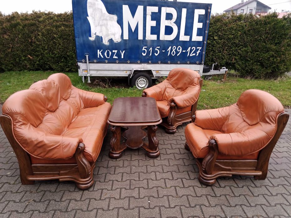 Komplet  KLER 3 ,1 ,1  i Ława , Dąb - skóra Brąz