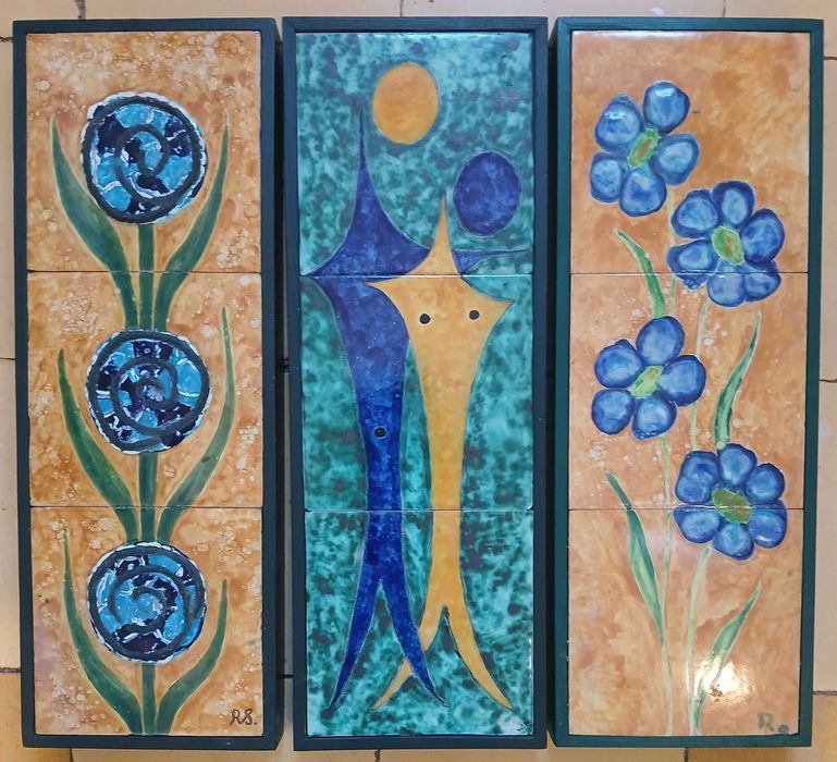 Conjunto de 3 quadros pintados em Azulejo