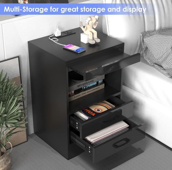 Mesa de Cabeceira com LED RGB e Tomadas USB