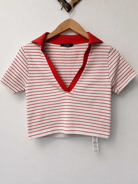 Crop top w paski bluzka biało czerwona bluzeczka Dunnes XS S 34 36