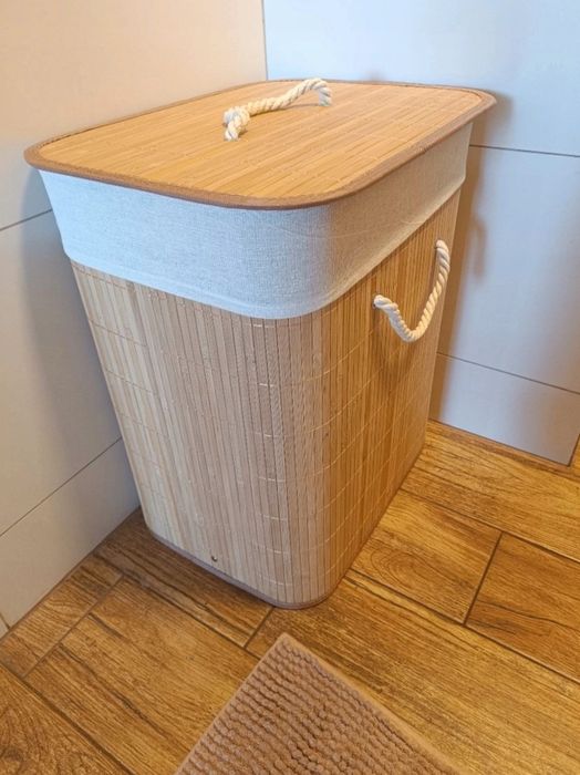 Duży Bambusowy Kosz Na Pranie z Pokrywą 72L Nowy Pojemnik Na Br