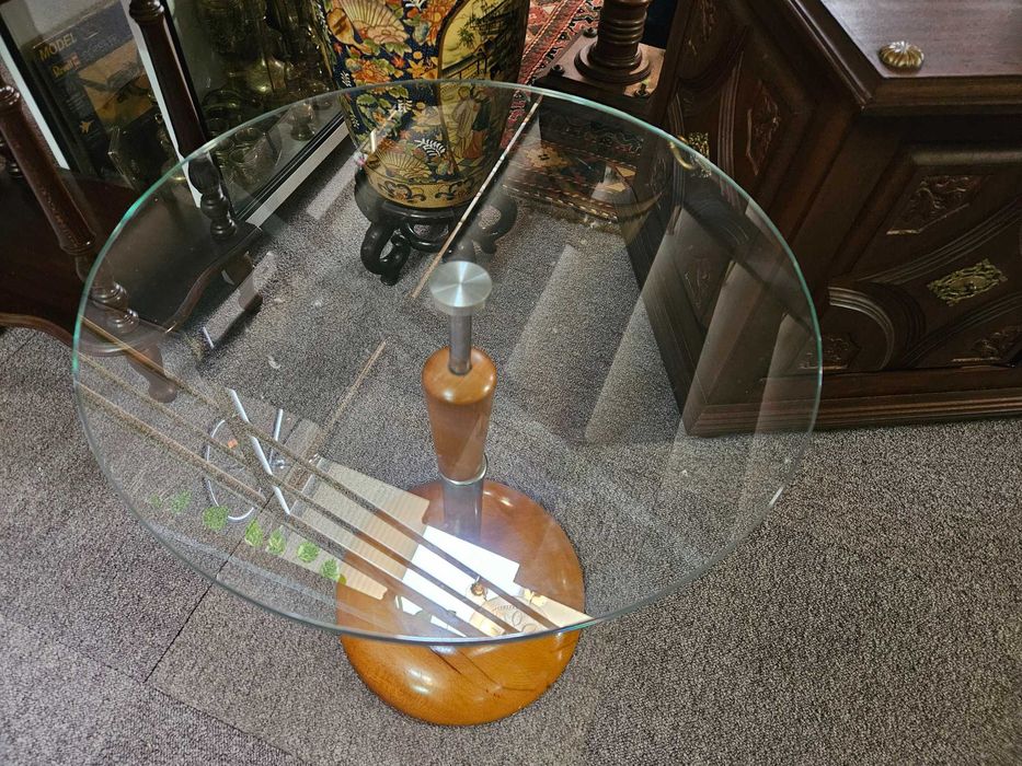 Mesa de centro redonda em madeira e vidro - óptimo estad