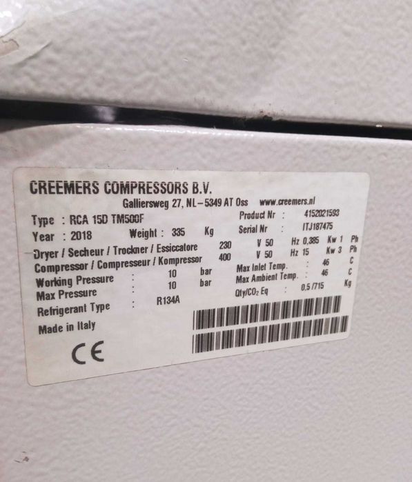 Sprężarka CREEMERS RCA15 D TM500F, 15kW, 1,68m3/min, S014839