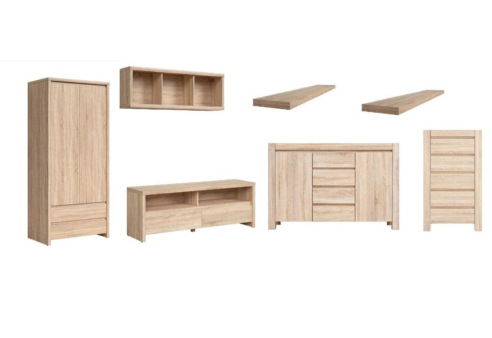 Meble DĄB SONOMA BRW, szafa, komoda, półki, szafka, KASPIAN, AUGUST