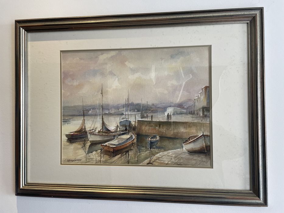 Quadro pintado aquarela barcos Porto