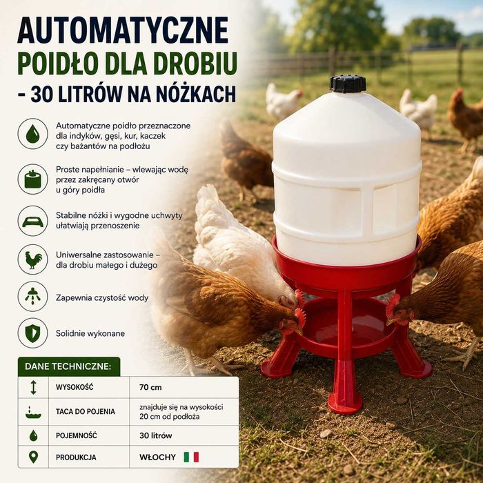 Automatyczne poidło dla drobiu kur kaczek gęsi indyków 30 L