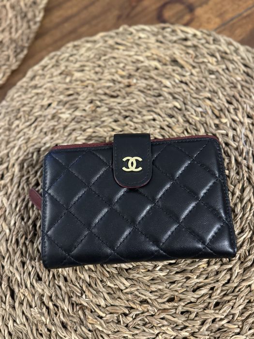 Portfel CHANEL skórzany pikowany czarno-bordowy oryginał