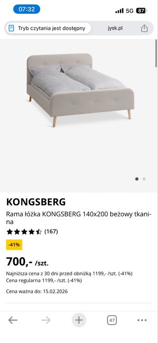 Łózko jysk kongsberg 140x200 stan bdb z materacem