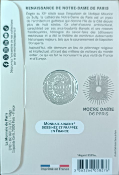 França 2025 - 10€ Prata Notre Dame - Coincart