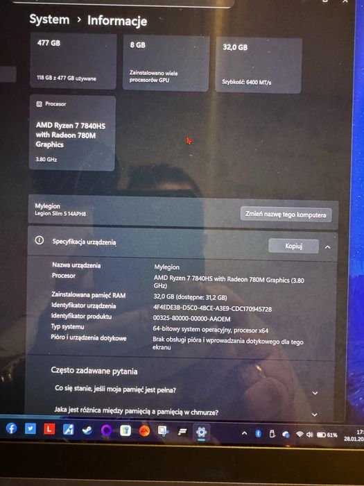 Lenovo Legion Slim 5-14 OLED RTX 4060 32GB RAM 512 GB dysk jak nowy gw