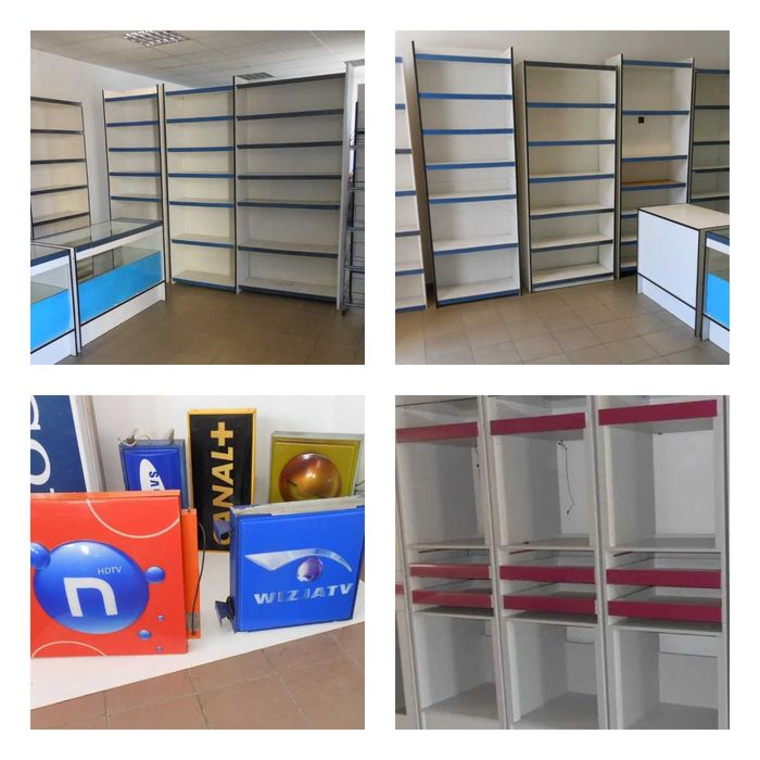 Meble sklepowe, regały, lady , potykacze, reklamy świetlne, flagi .