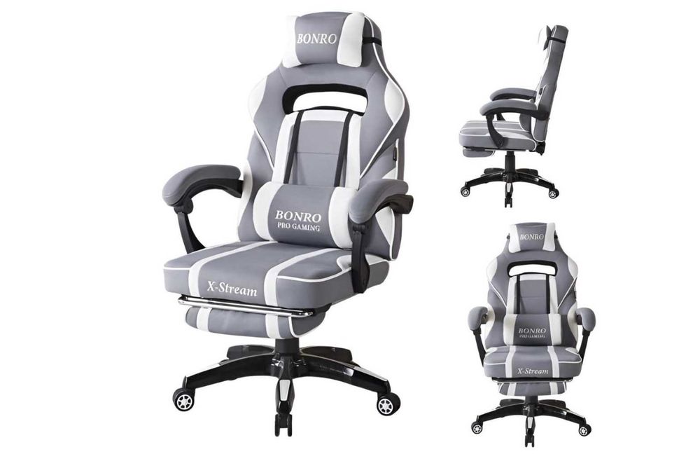 Крісло геймерське з тканини біло-сіре з підставкою / Кресло геймерское