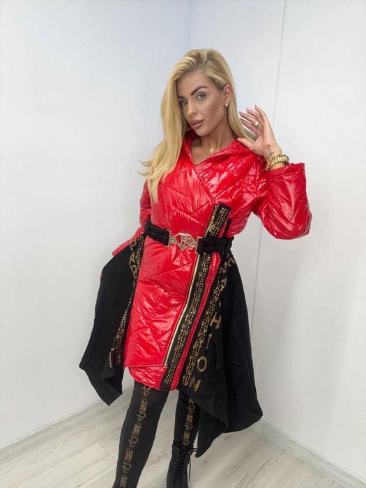 Płaszcz Zimowy Pikowany Ocieplany Czerwony + Pasek Paparazzi Fashion