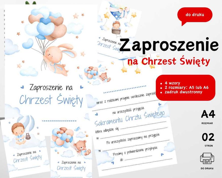 Zaproszenie na Chrzest Święty chłopiec do druku A5 lub A6