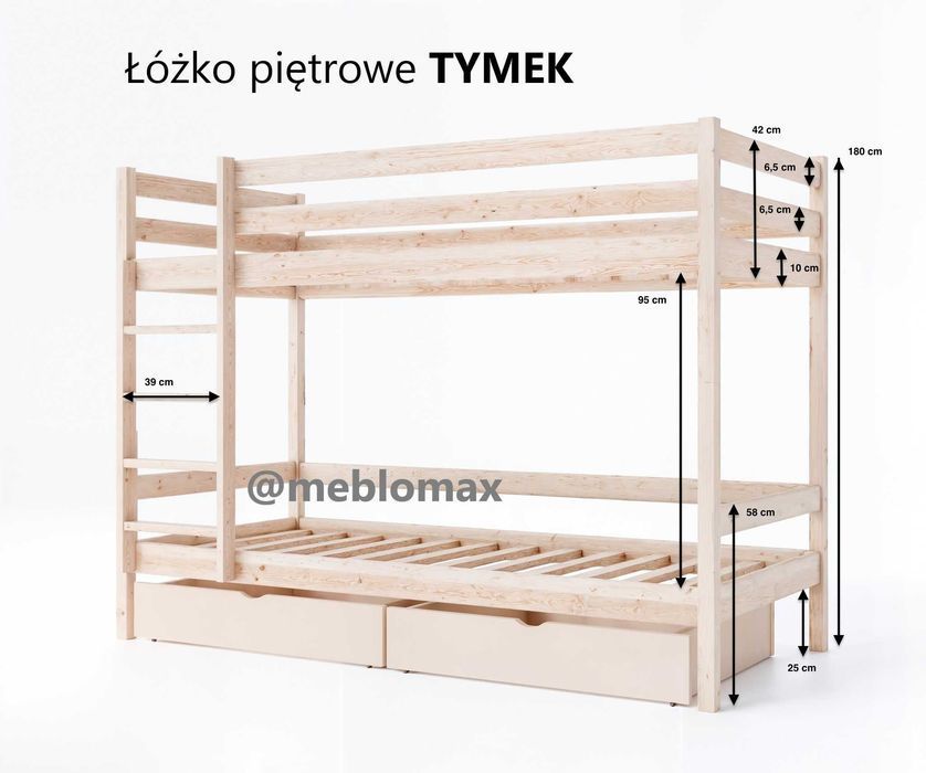 Łóżko piętrowe TYMEK sosnowe stabilne bezpieczne wysokie dla dzieci