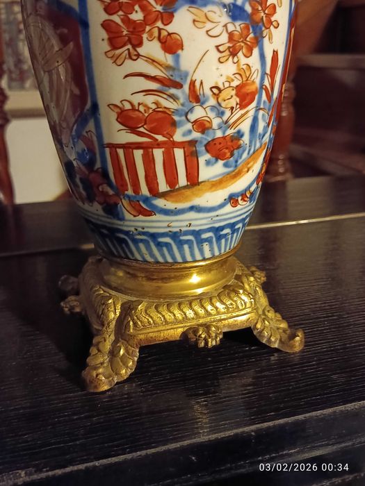 Candeeiro Petróleo ou azeite Séc XIX Porcelana Imari e bronze 56 cm