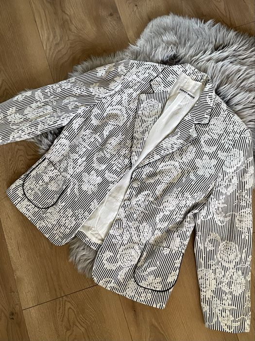 Marynarka żakiet w paski i kwiaty czarno biały plus size rozm. 44 xxl