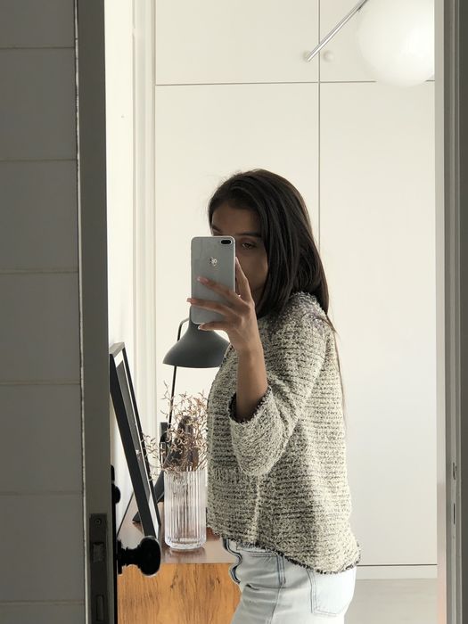 Jaqueta de malha com glitter nos ombros, Zara, tamanho S