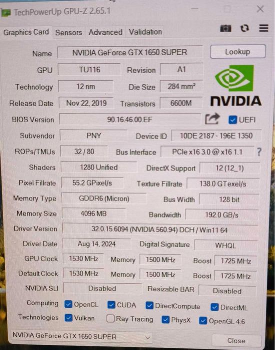 Відеокарта Geforce GTX 1650 Super 4gb