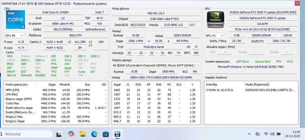 Laptop do gier NOWY MSI Katana 17,3'' i5-12450H/RTX 3050ti/16GB/144HZ