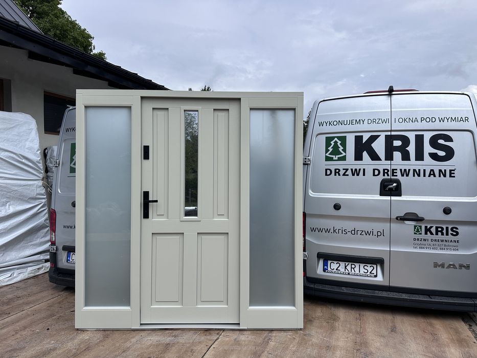 Drzwi zewnętrzne drewniane z doświetlami Na wymiar montaż Cała Polska