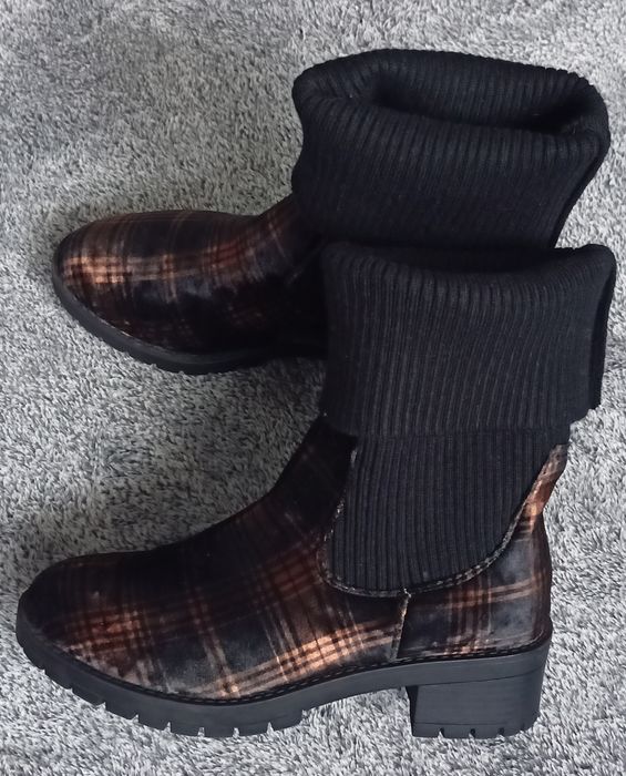 Botki w krate z wywijaną tekstylną cholewką 37 jak nowe