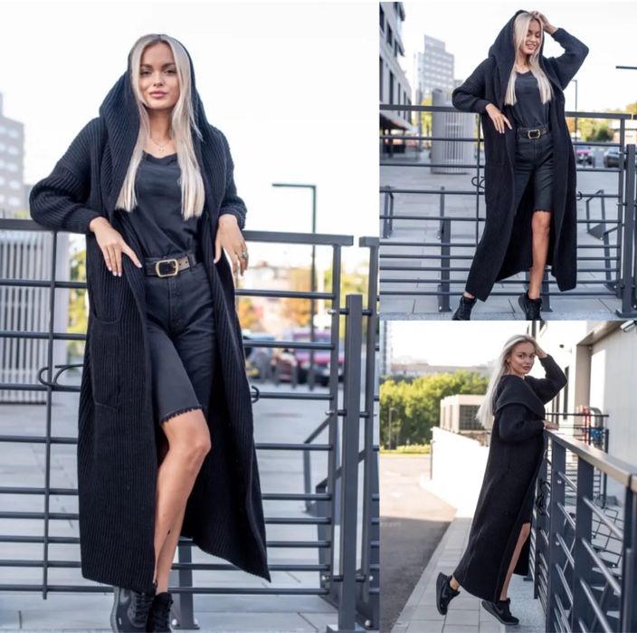 Кардиган довгий з капюшоном вʼязаний SHEIN