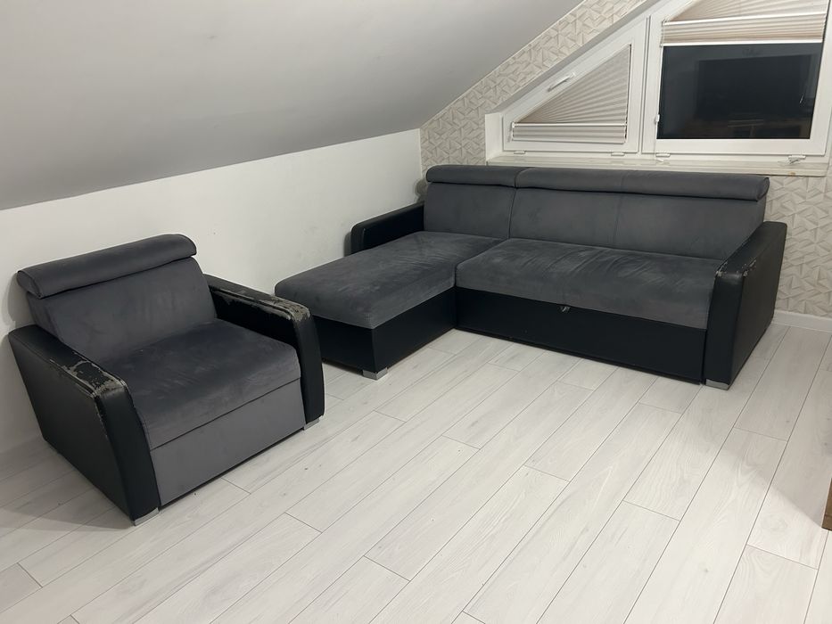 Sofa rozkładana narożna + fotel – komplet