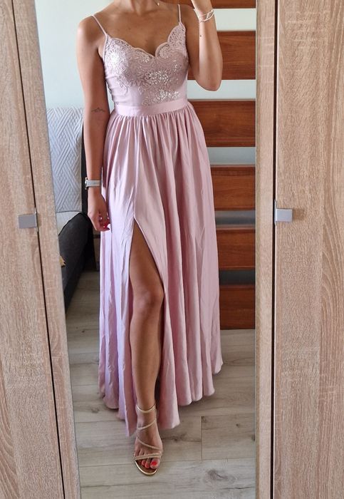 NOWA Sukienka pudrowy róż - satynowa z koronką rozmiar 38