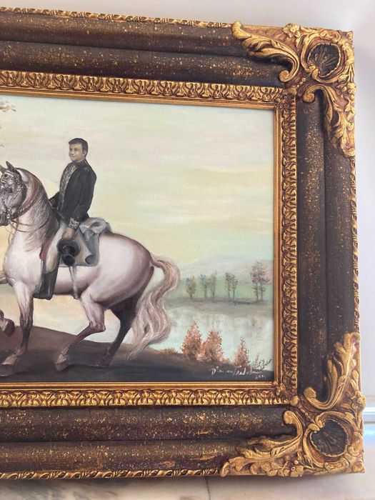 Quadro a óleo com moldura em madeira policromada