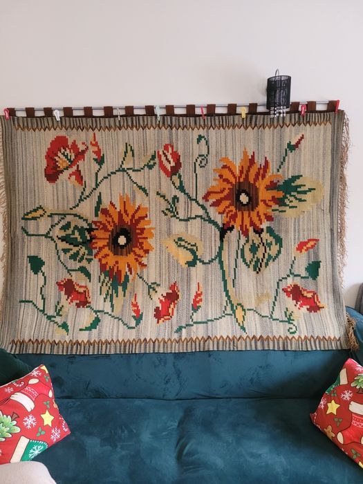 Przedwojenny piękny duży kilim Gliniany Art Deco gobelin,dywanWysyłka