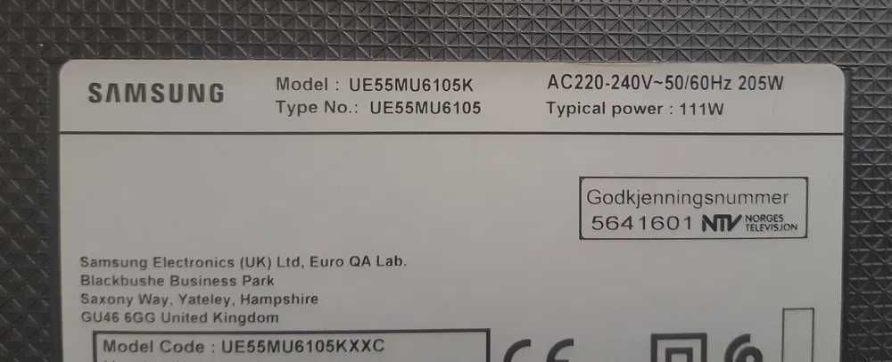 Samsung 55'' MU6105 Smart 4K UHD TV Avariada/peças