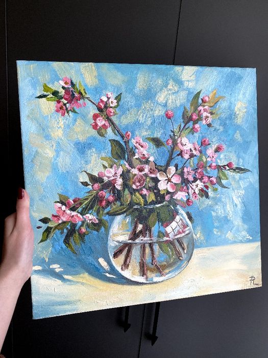 Картина маслом 40×40. "Вишневий цвіт"