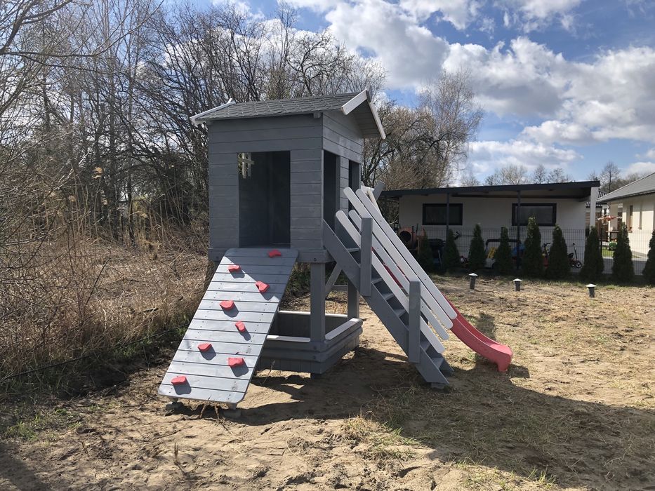 Plac zabaw DEJZI drewniany huśtawka piskownica zjeżdzalnia ścianka