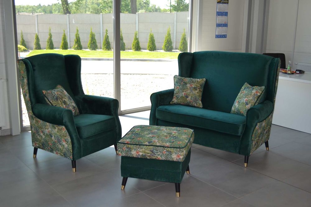 Zestaw mebli Uszak dwójka fotel pufa liście butelkowa zieleń