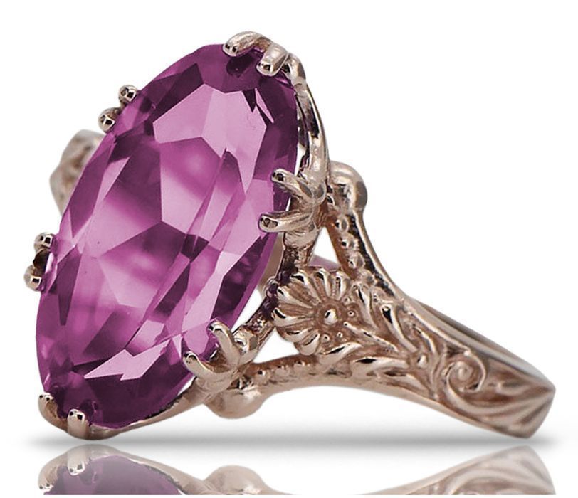 Pierścionek różowego czerwonego złota 14k Ametystem vrc084 Vintage Wr