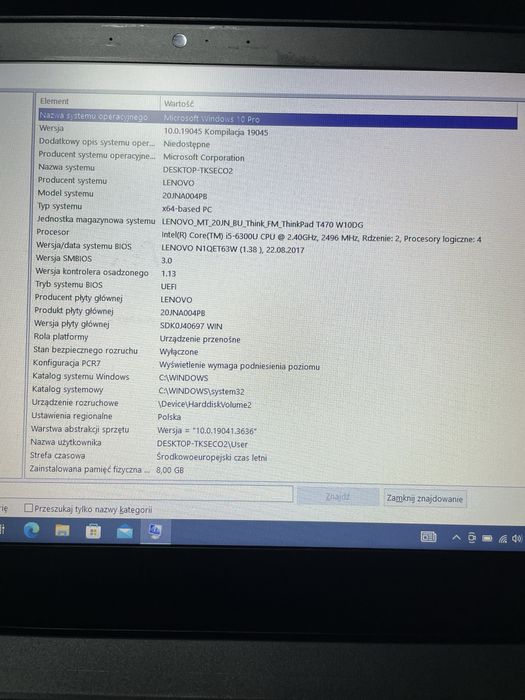 Lenovo ThinkPad T470 / Intel Core i5-6300U / 8 GB RAM / Windows 10 Pro / bateria sprawna