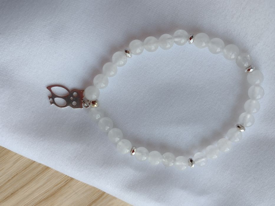 bransoletka damska 18cm biały kryształ górski i sowa