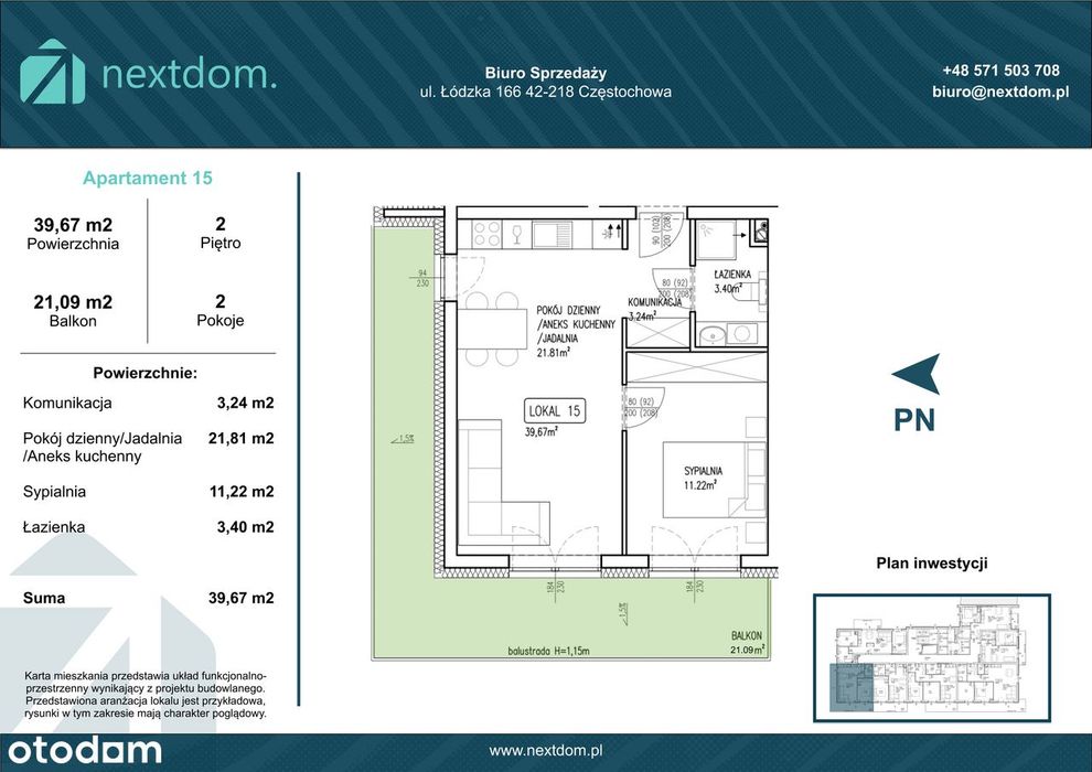Apartament 15 39.67m2 + Balkon 21.09m2 - Łódzka 166 Częstochowa