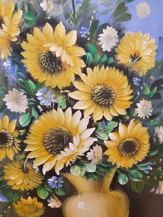 Quadro Óleo sobre Tela Assinado – Vaso de Girassóis (75x45 cm)