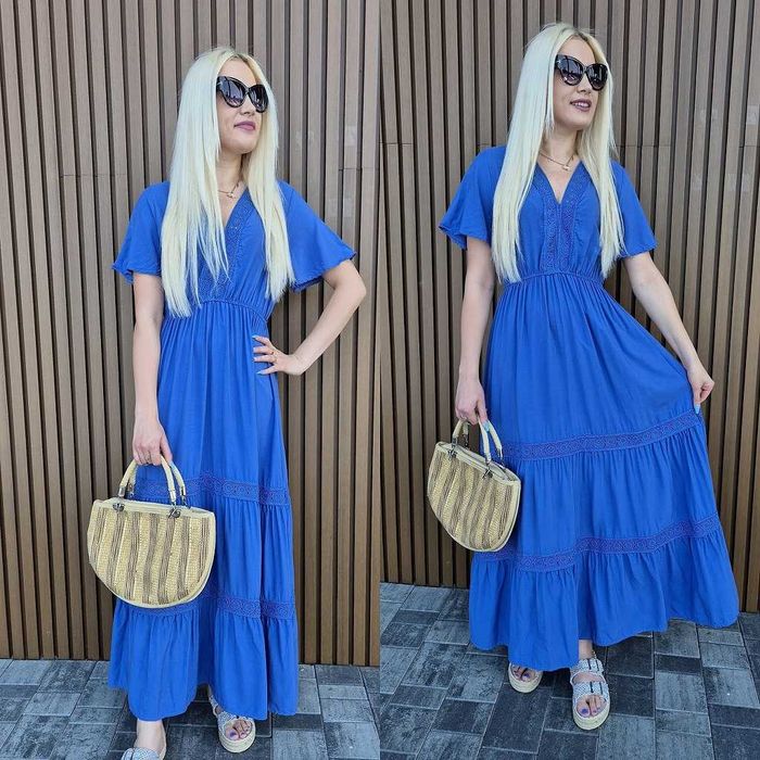Niebieska boho maxi letnia sukienka M bawelna