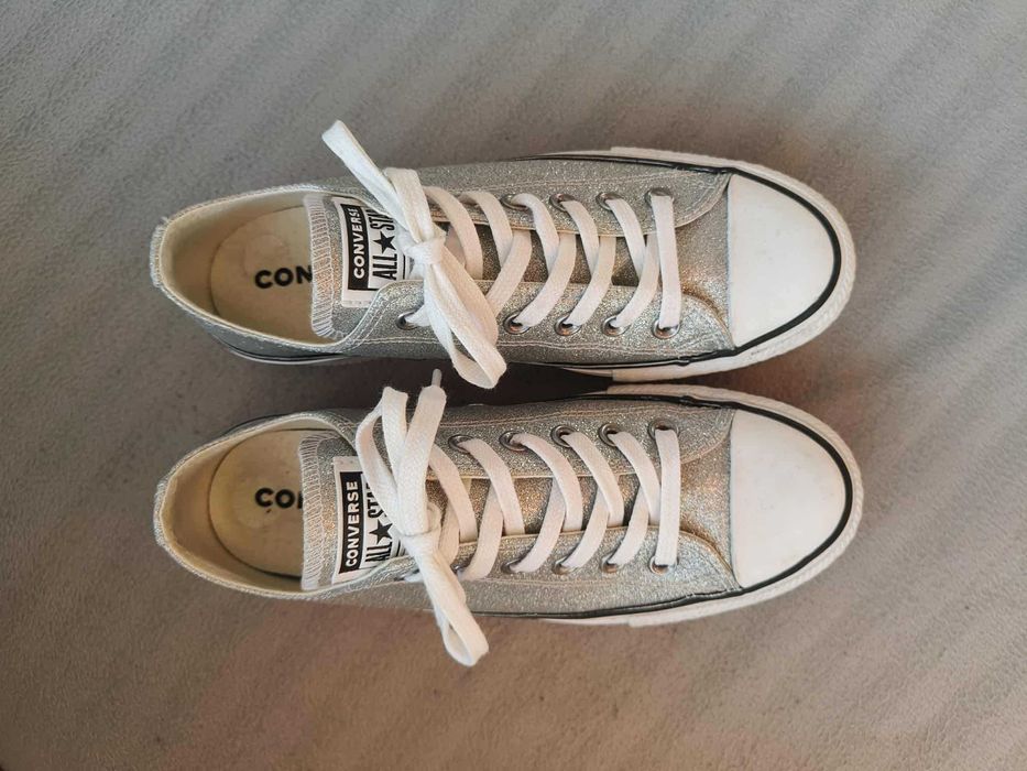 Srebrne buty, converse na platformie, brokatowe trampki, 39, 24,5cm